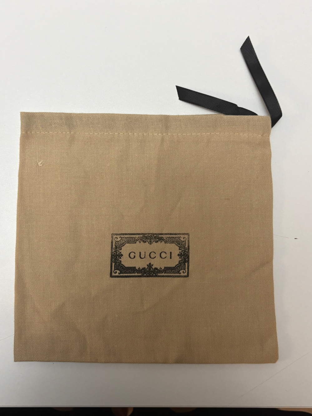 Gucci Tan Drawstring Dust Pouch with Black Ribbon